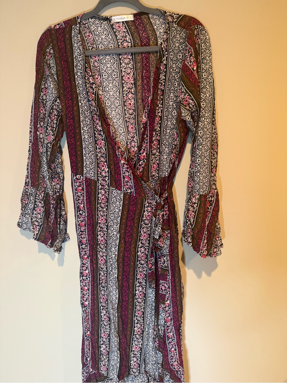 Floral Stripe Wrap Midi Dress in Burgundy and Black